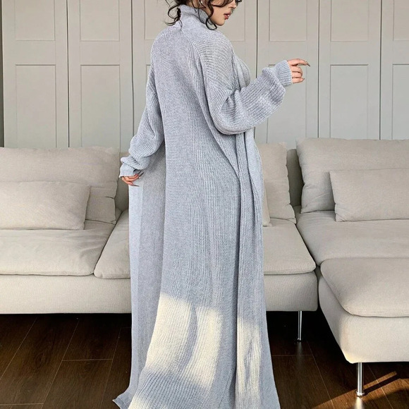 Grey Casual Women's High Neck Sleeveless Sweater Dress w/Cardigan - Picture 5 of 7